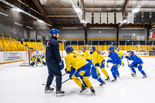Head coach Ulf Lundberg and players of Sweden at a practice