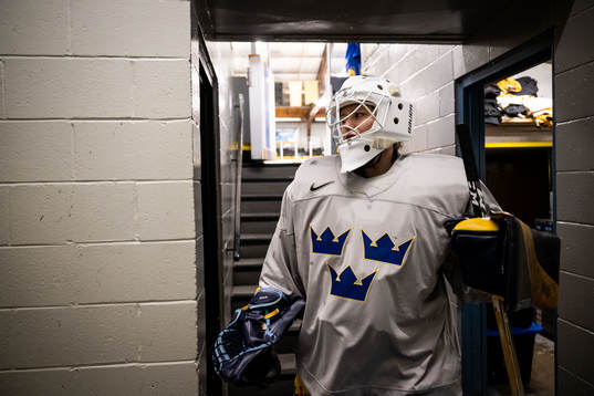 Goaltender Tindra Holm of Sweden at a practice session
