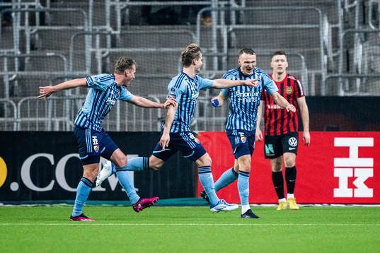 Djurgårdens Hampus Finndell jublar med Piotr Johansson