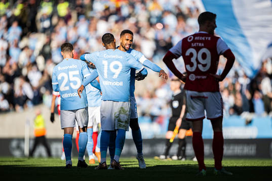 Malmö FFs Derek Cornelius och Isaac Kiese Thelin jublar