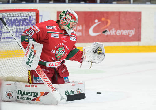 Modos Målvakt Kristers Gudlevskis innan ishockeymatchen i