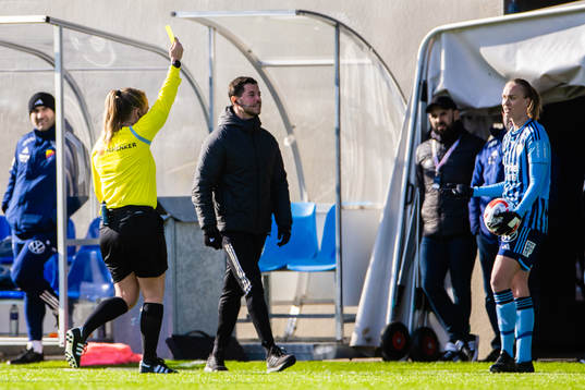 Domare Sandra Almkvist delar att ett gult kort till