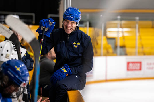Goaltender coach Ola Kahem  of Sweden at a practice session