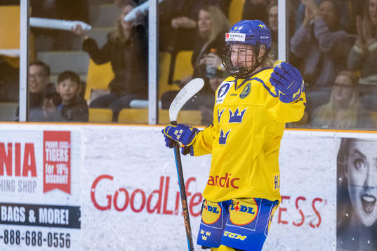 Hilda Svensson of Sweden celebrates scoring 1-0