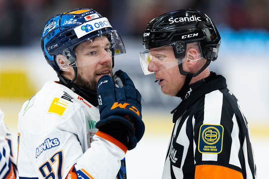Växjös Robert Rosén pratar med Domare Mikael Holm