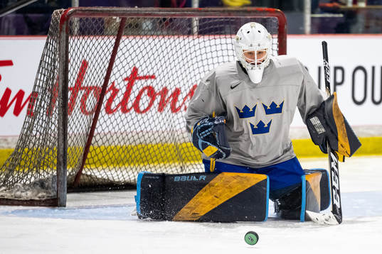Goaltender Tindra Holm of Sweden at a practice session