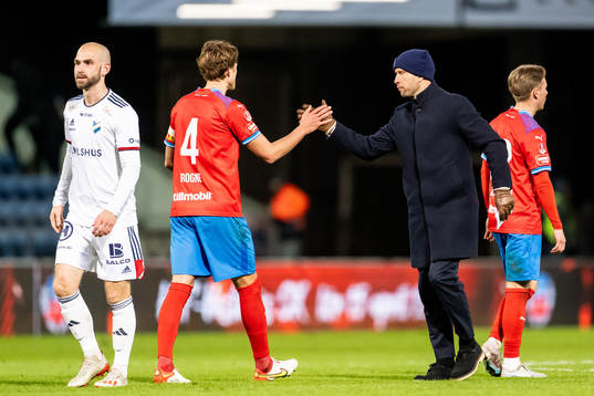 Helsingborgs Thomas Rogne och tränare Mattias Lindström