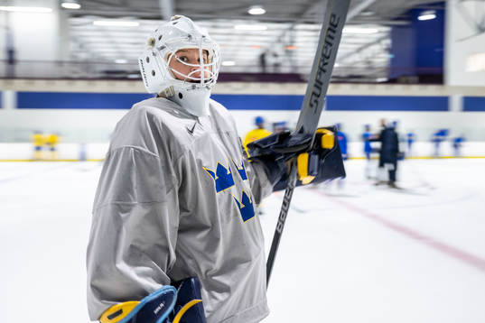 Goaltender Tindra Holm of Sweden at a practice session