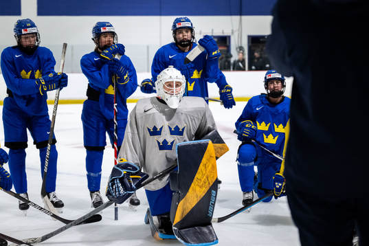 Goaltender Tindra Holm of Sweden at a practice session