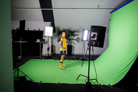 Magdalena Eriksson at a green screen filming with the