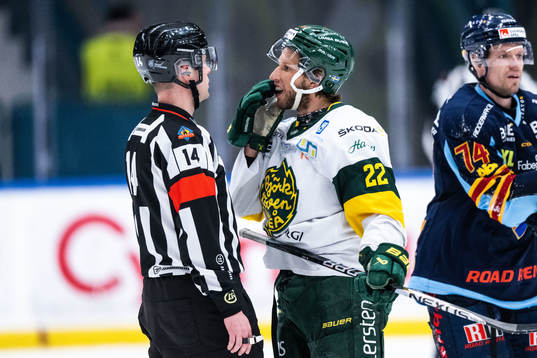 Björklövens Fredrik Weigel diskuterar med Domare Filip
