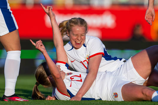 Cesilie Andreassen of Norway celebrates with teammate Julie
