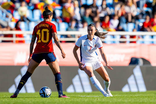 Jennifer Hermoso of Spain and Ingrid Syrstad Engen of Norway