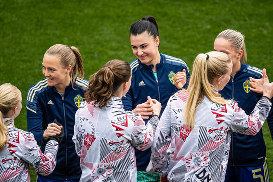 Magdalena Eriksson and goalkeeper Zecira Musovic of Sweden