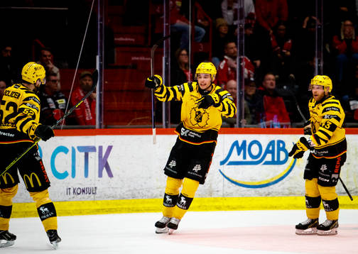 Skellefteås Elias Salomonsson gör 0-1 och jublar med