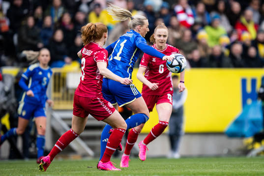Stina Blackstenius of Sweden against Stine Ballisager and
