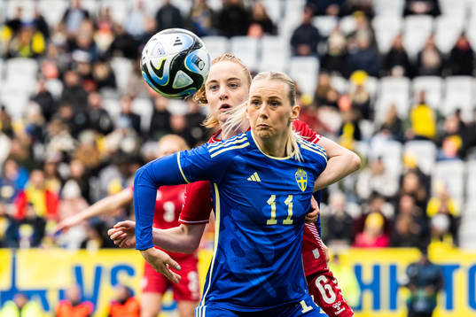 Karen Holmgaard of Denmark and Stina Blackstenius of Sweden