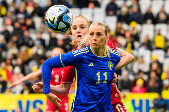 Karen Holmgaard of Denmark and Stina Blackstenius of Sweden