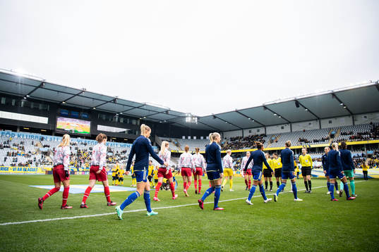 The players of Denmark and of Sweden enter the pitch