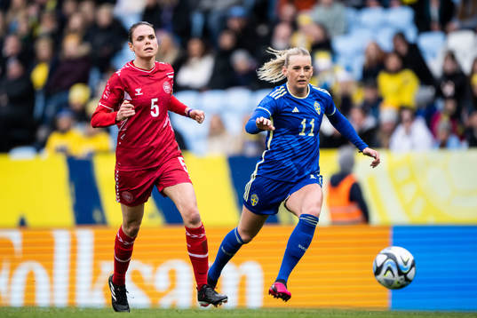 Simone Boye of Denmark and Stina Blackstenius of Sweden