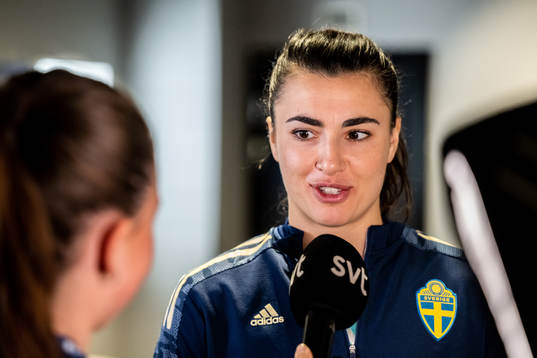 Goalkeeper Zecira Musovic of Sweden in mixed zone