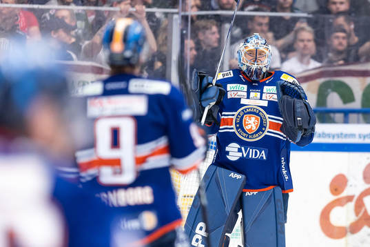 Växjös målvakt Emil Larmi jublar