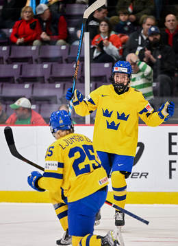 Lina Ljungblom and Hilda Svensson of Sweden celebrate the