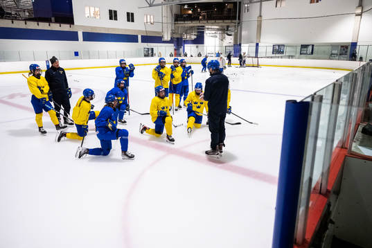 Players and head coach Ulf Lundberg of Sweden at a practice