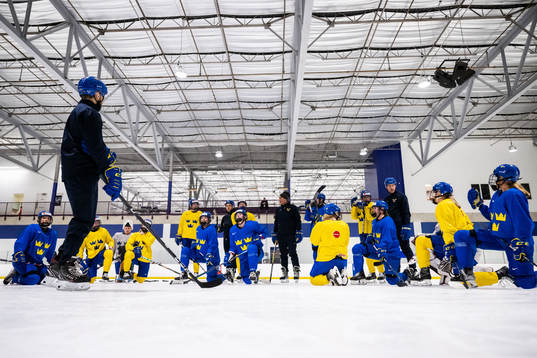 Players and head coach Ulf Lundberg of Sweden at a practice