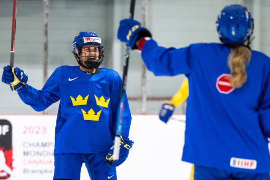 Sofie Lundin of Sweden at a practice session the 2023 IIHF