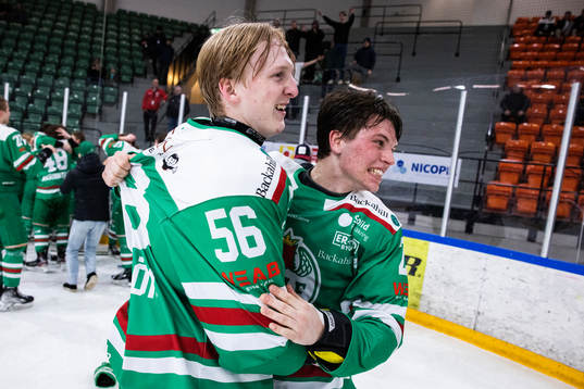 Rögles Adam Engström och Vilmer Stahmann  jublar