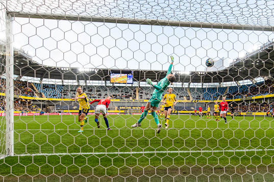 Karina Sævik of Norway score goals 1-2 behind goalkeeper