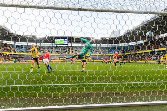 Karina Sævik of Norway score goals 1-2 behind goalkeeper