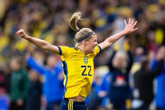 Olivia Schough of Sweden celebrates scoring 3-2