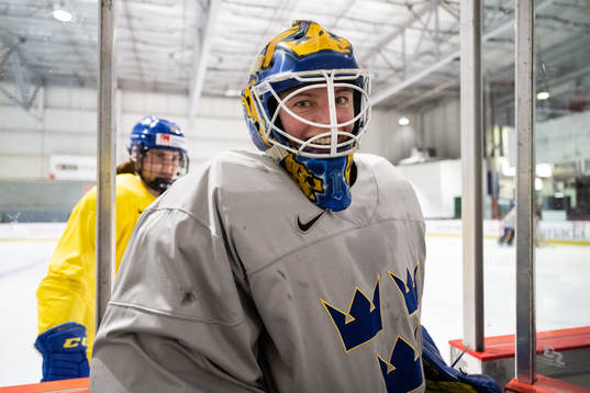 Goaltender Sara Grahn of Sweden at a practice session