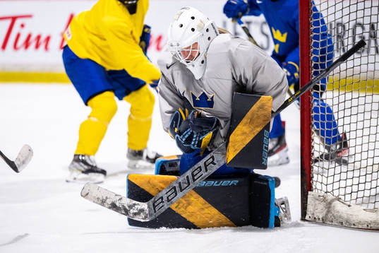 Goaltender Tindra Holm of Sweden at a practice session