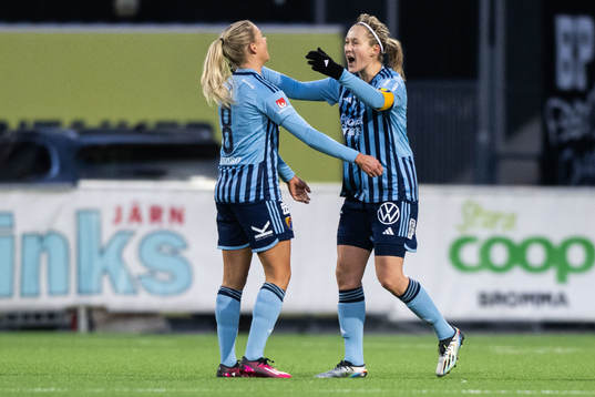 Djurgårdens Nellie Lilja och Sanna Kullberg jublar