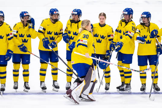 Goaltender Emma Söderberg of Sweden celebrates being