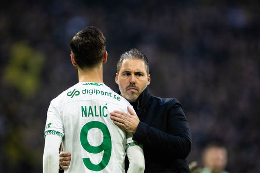 Hammarbys Adi Nalic och tränare Marti Cifuentes deppar