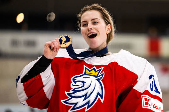 Goaltender Blanka Skodova of Czech Republic celebrates
