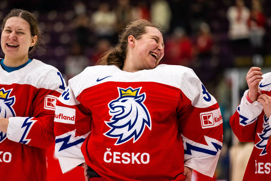 Goaltender Katerina Zechovska of Czech Republic celebrates