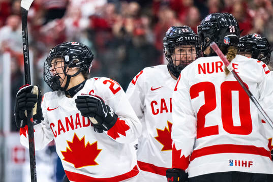 Marie-Philip Poulin of Canada celebrates scoring 1-0