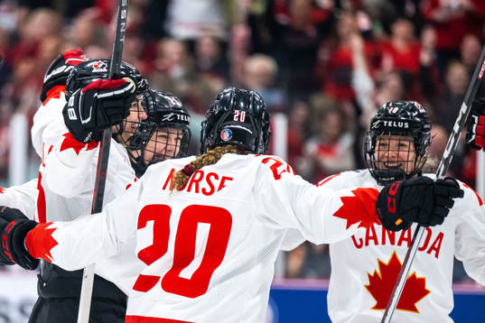 Marie-Philip Poulin of Canada celebrates scoring 1-0