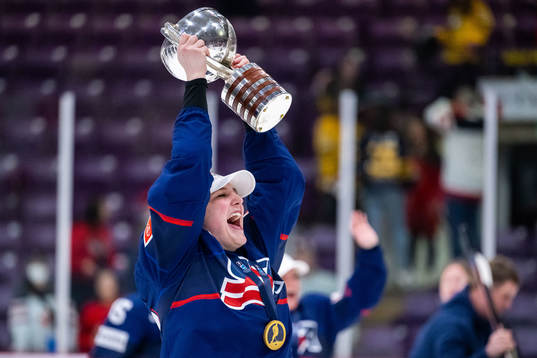 Gabrielle Hughes  of USA celebrates winning the 2023 IIHF