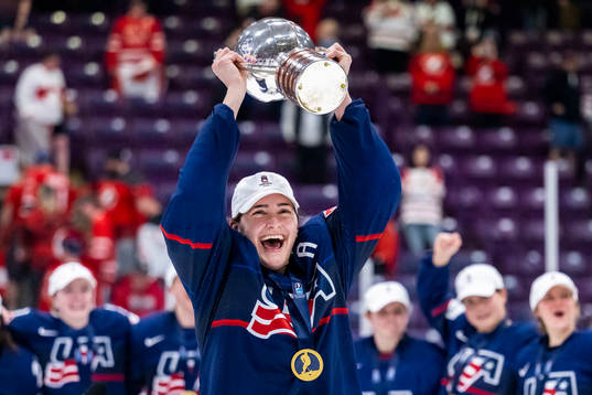 Alex Carpenter of USA celebrate winning the 2023 IIHF