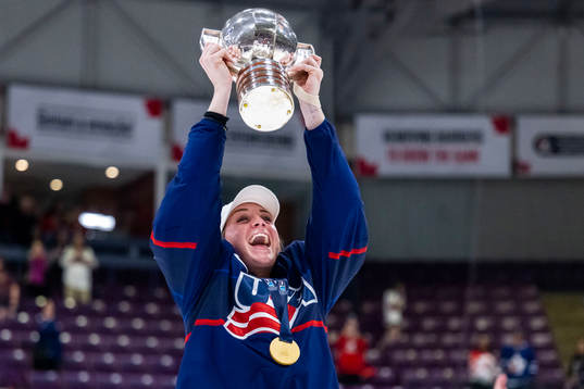 Player of USA celebrates winning the 2023 IIHF Women's