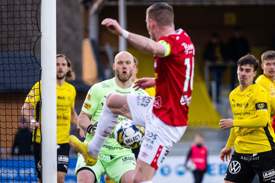 Degerfors Rasmus Örqvist och Mjällbys målvakt Alexander