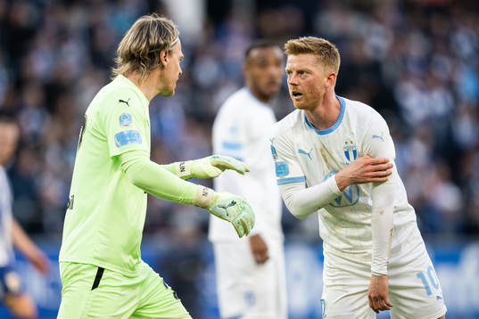 Malmö FFs målvakt Johan Dahlin och Anders Christiansen