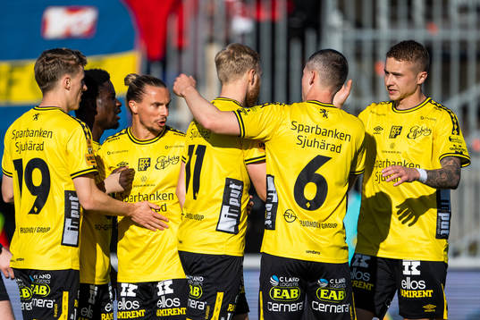 Elfsborgs Sveinn Guðjohnsen jublar med lagkamrater