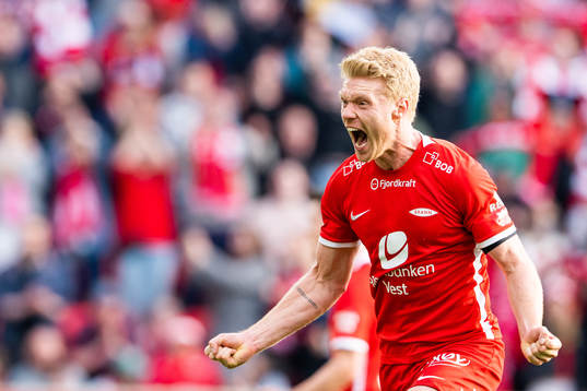 Sivert Heltne Nilsen of Brann celebrates scoring 2-1